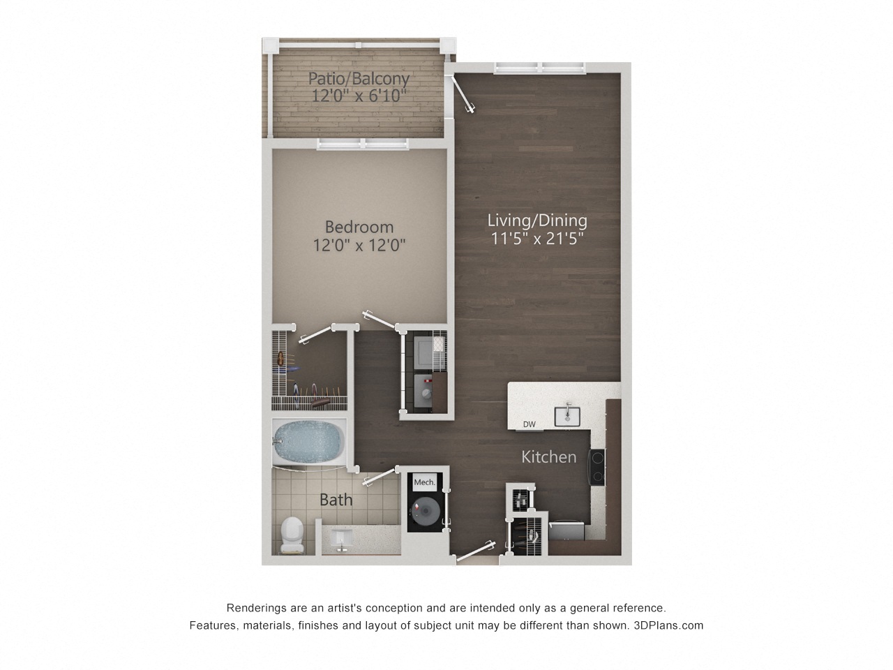 Floor plan for 1 bed, 1 bath, 803 sqft